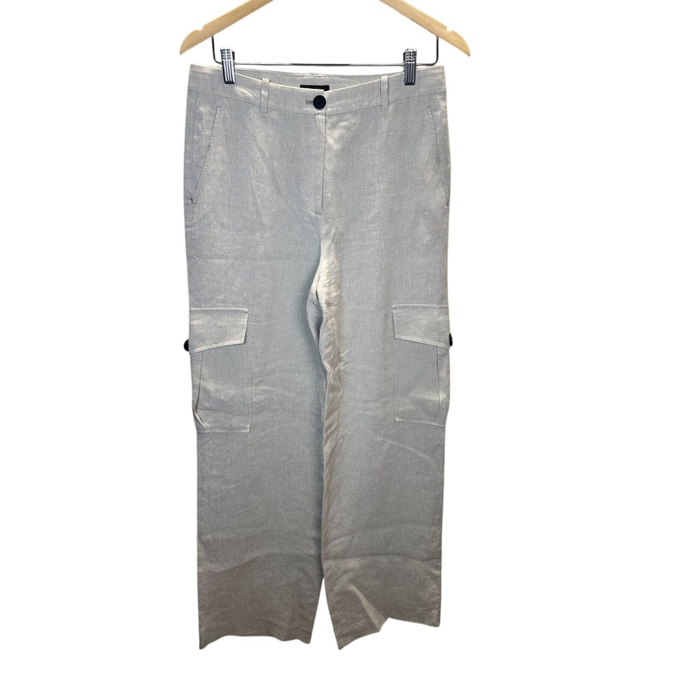 Massimo Dutti Cargo Pants Womens 6 Tan Linen Blend Wide Leg Trousers Utility